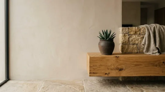 Texture naturelle de matériaux bruts sublimée par la lumière dans un intérieur contemporain
