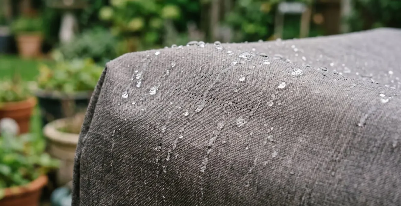 Détail d'une housse de protection respirante pour mobilier de jardin avec gouttes de pluie perlant sur la surface imperméable