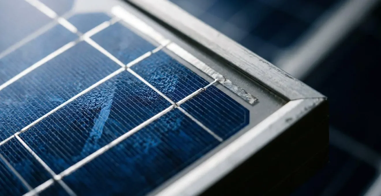 Détail macro d'un panneau solaire photovoltaïque montrant la texture des cellules et l'angle d'inclinaison par rapport à l'horizontale