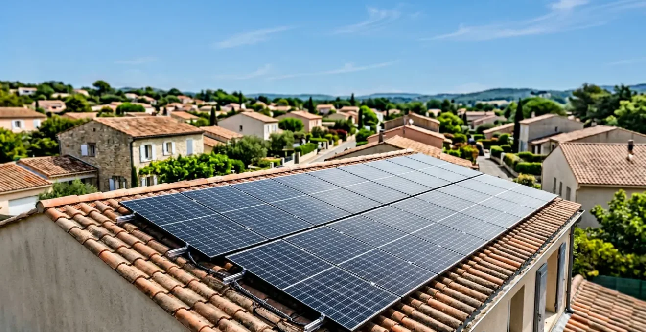 Vue aérienne d'une toiture de maison moderne avec panneaux solaires photovoltaïques installés, environnement résidentiel français