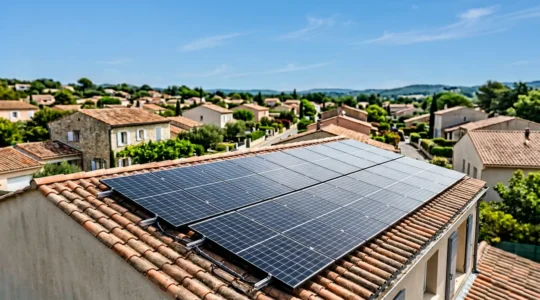 Vue aérienne d'une toiture de maison moderne avec panneaux solaires photovoltaïques installés, environnement résidentiel français