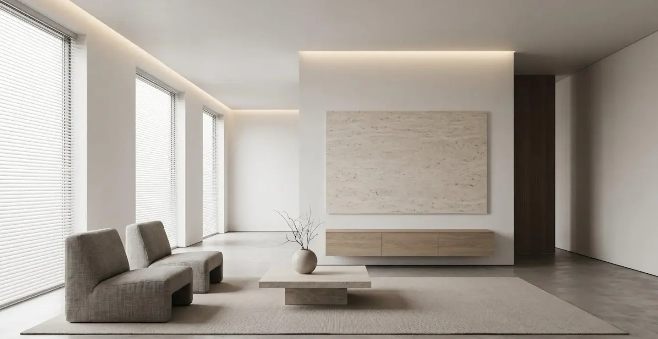 Intérieur minimaliste moderne avec technologie domotique invisible intégrée dans l'architecture