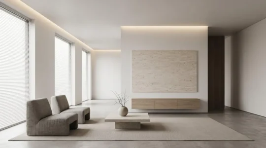 Intérieur minimaliste moderne avec technologie domotique invisible intégrée dans l'architecture
