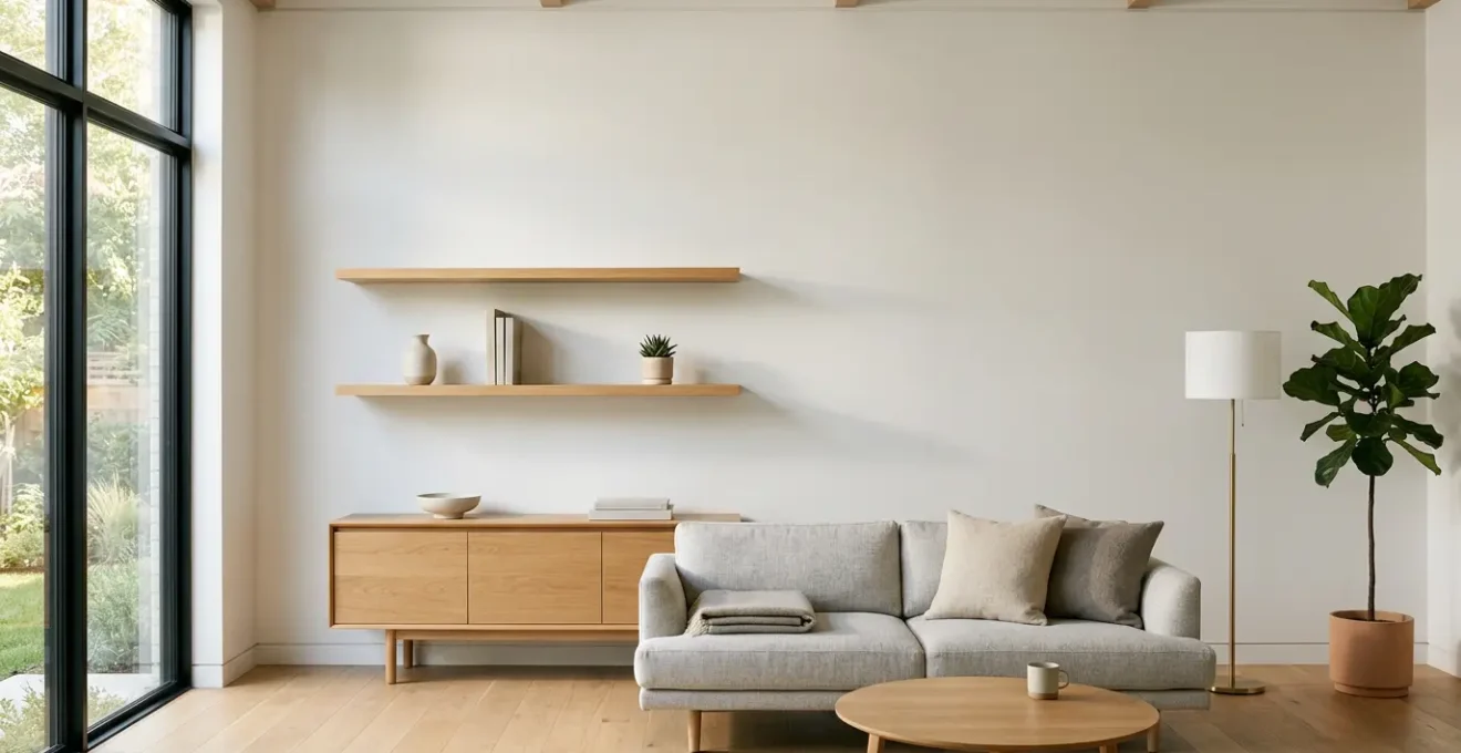 Intérieur moderne épuré avec équilibre maîtrisé des lignes horizontales et verticales créant une harmonie visuelle apaisante