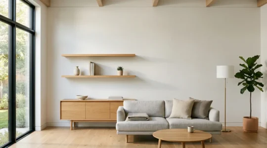Intérieur moderne épuré avec équilibre maîtrisé des lignes horizontales et verticales créant une harmonie visuelle apaisante