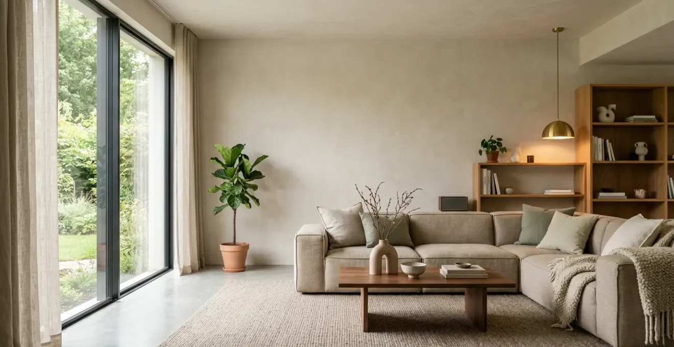Salon contemporain épuré avec touches de bois naturel et textiles doux pour allier modernité et chaleur