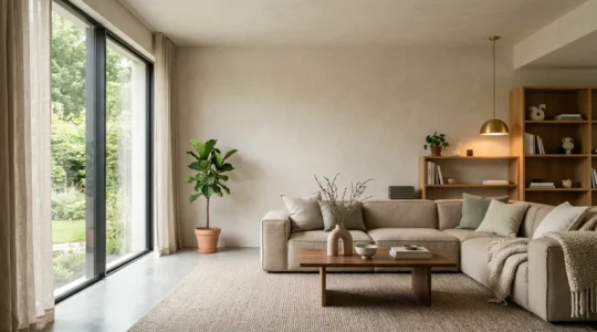 Salon contemporain épuré avec touches de bois naturel et textiles doux pour allier modernité et chaleur