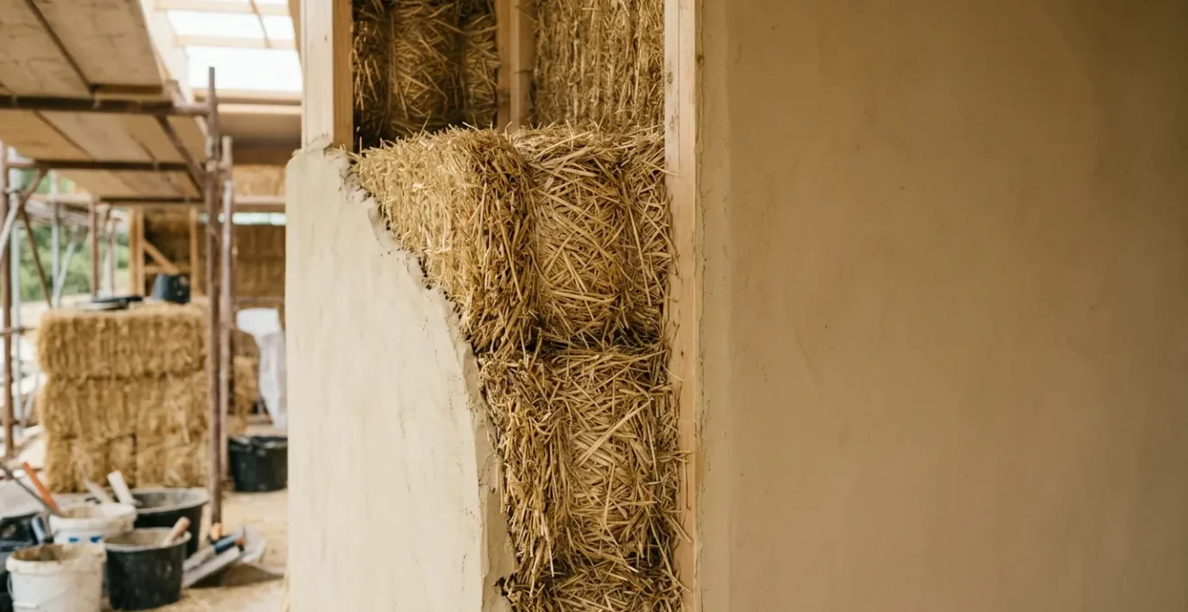 Mur isolé en paille avec enduit protecteur et détails de construction technique