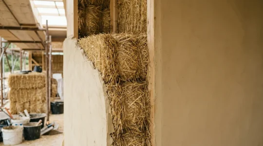 Mur isolé en paille avec enduit protecteur et détails de construction technique