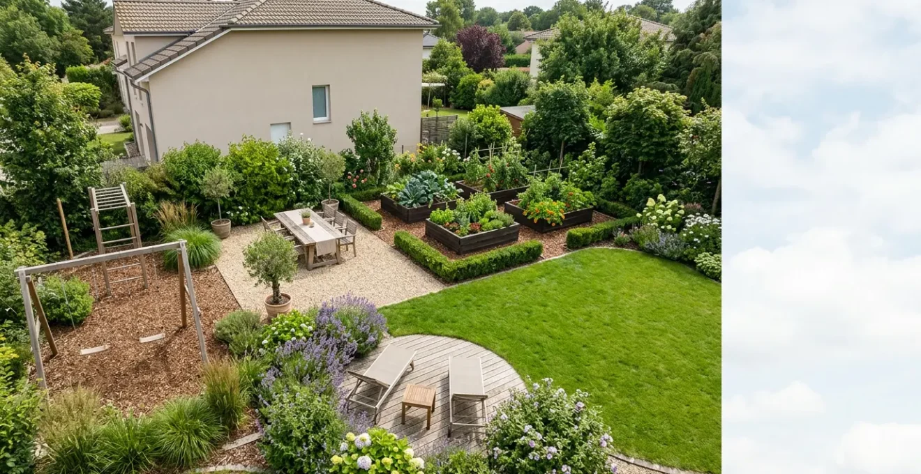 Vue aerienne d'un jardin organise en plusieurs zones distinctes delimitees naturellement par des changements de sol et des arbustes
