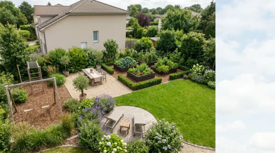 Vue aerienne d'un jardin organise en plusieurs zones distinctes delimitees naturellement par des changements de sol et des arbustes