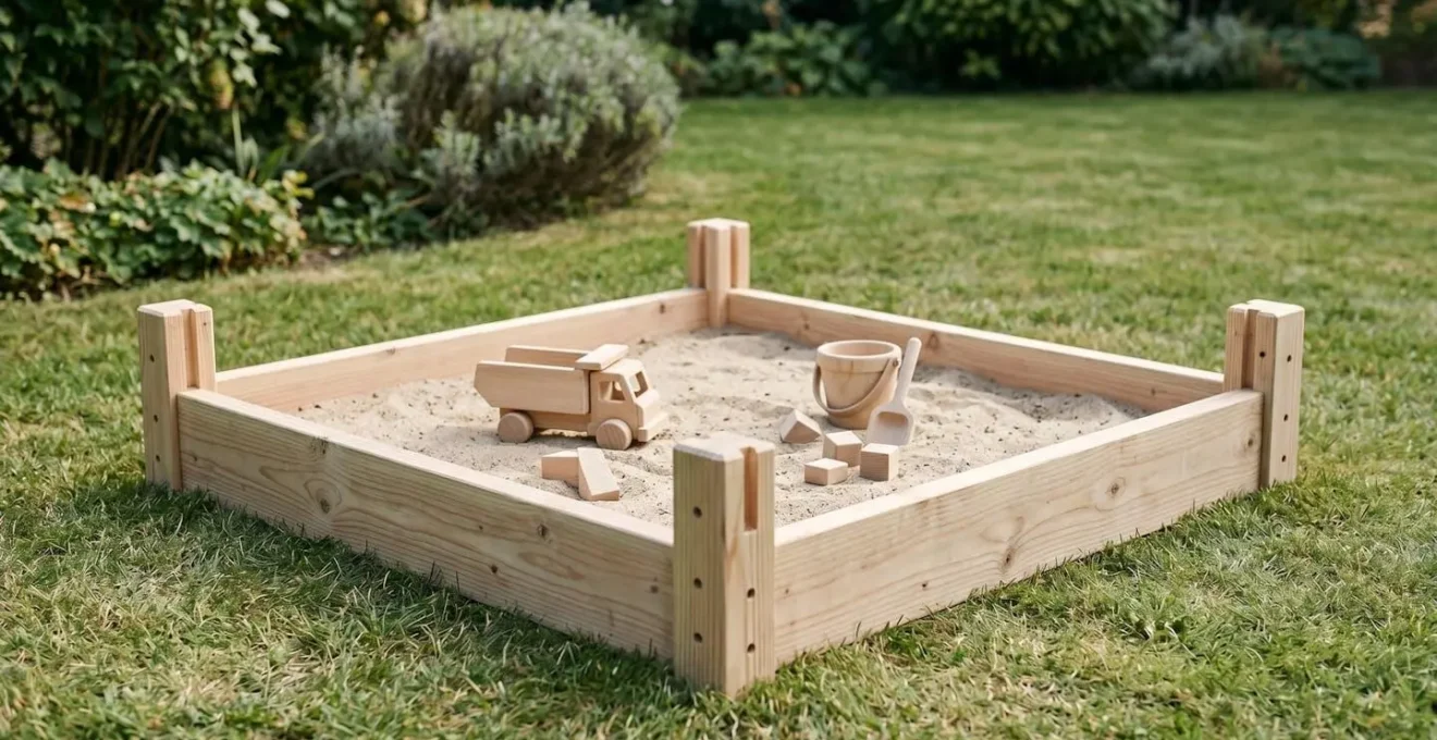 Vue en perspective d'un cadre en bois transformable servant de bac a sable pour enfants pouvant evoluer en potager sureleve