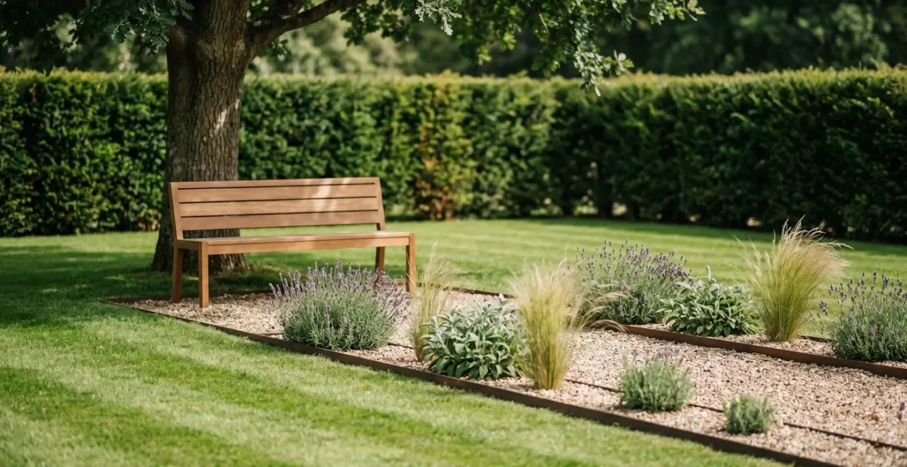 Jardin simple et consensuel avec pelouse entretenue et massifs faciles privilégiant la neutralité pour séduire les acheteurs