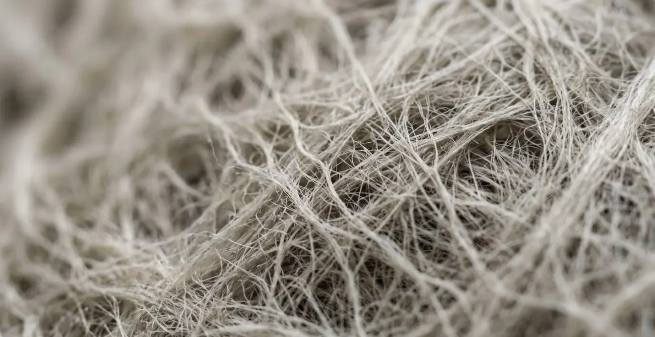 Vue macro détaillée de la texture fibreuse d'un isolant thermique montrant la structure microscopique des fibres