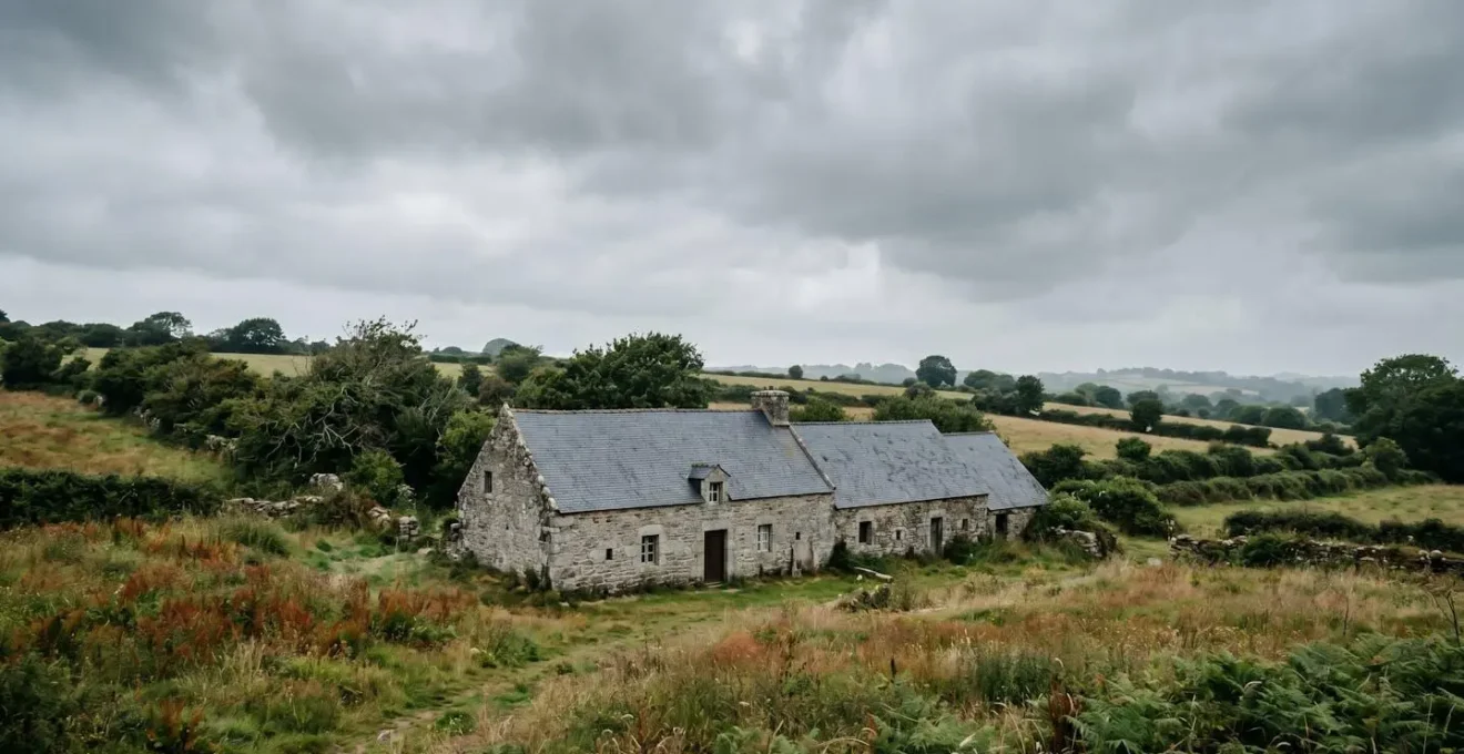 Architecture d'une longère bretonne traditionnelle dans son environnement rural naturel