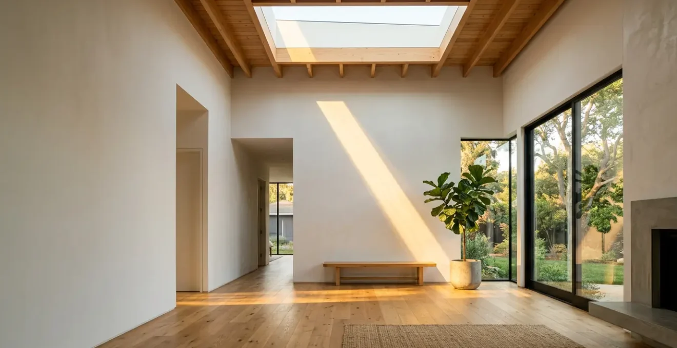 Architecture de maison baignée de lumière naturelle avec protections solaires intégrées