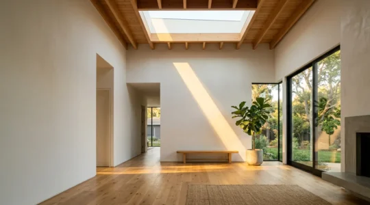 Architecture de maison baignée de lumière naturelle avec protections solaires intégrées