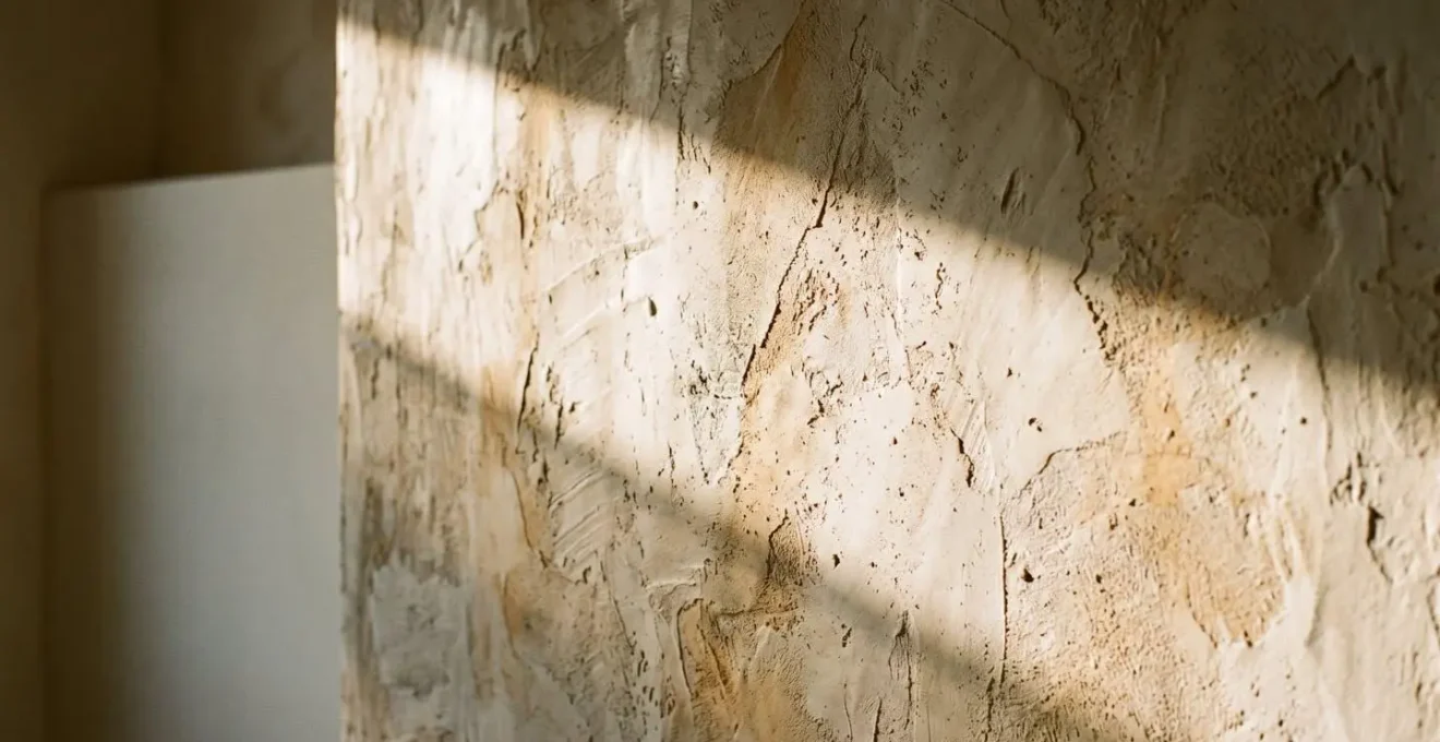 Lumière naturelle rasante révélant les micro-reliefs et la texture vivante d'un enduit à la chaux irrégulier