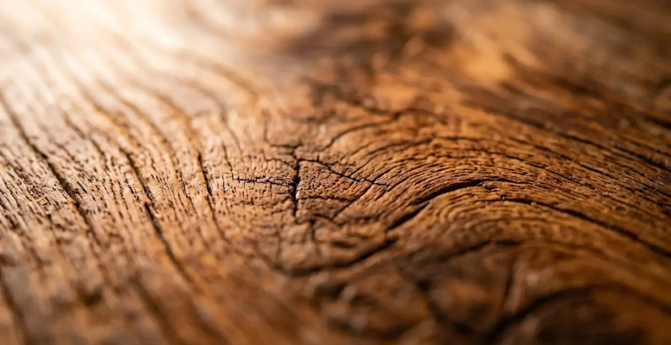 Gros plan macro sur les veines et la patine naturelle d'un meuble en bois massif ancien révélant son authenticité