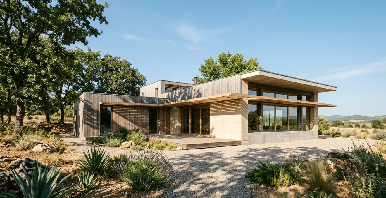 Maison contemporaine avec protections solaires naturelles lors d'une journée d'été ensoleillée