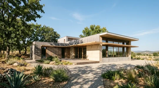 Maison contemporaine avec protections solaires naturelles lors d'une journée d'été ensoleillée