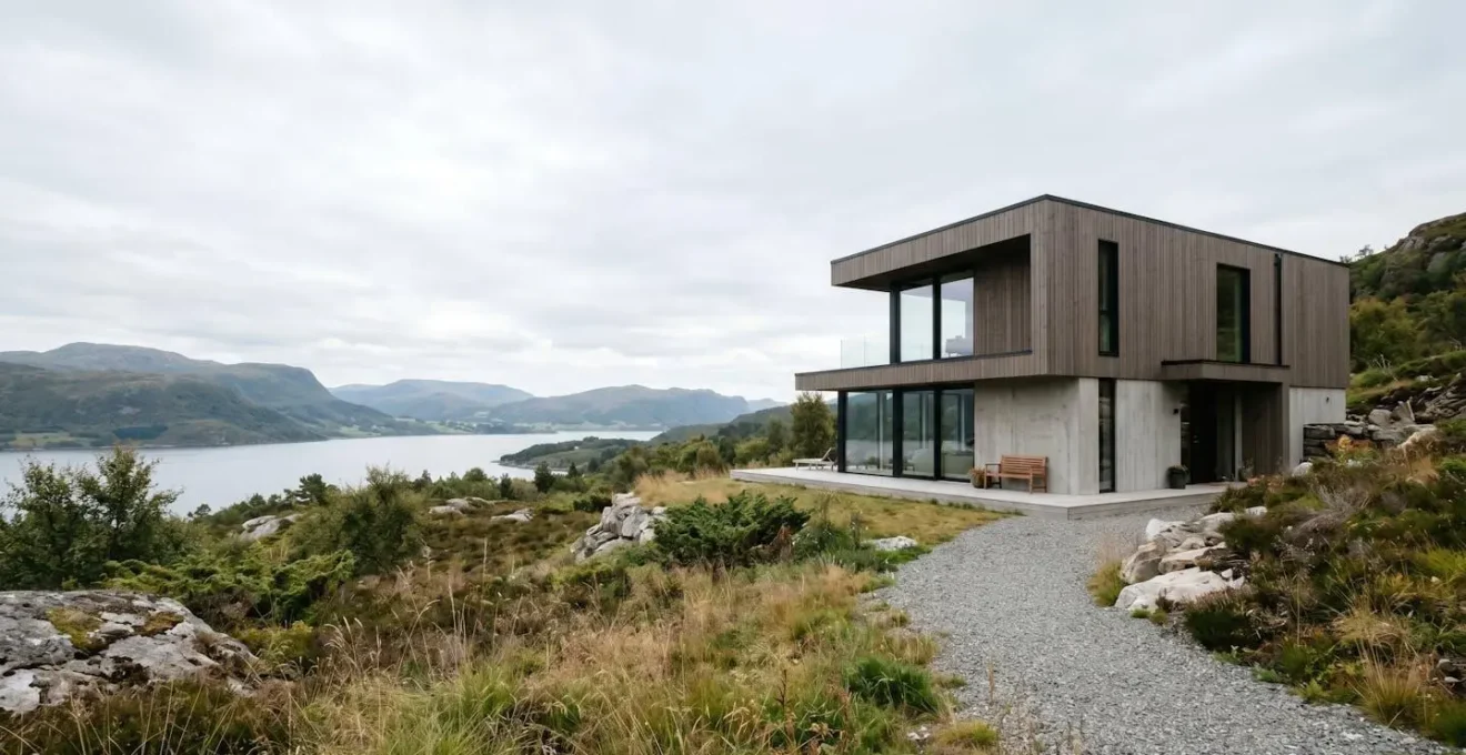 Vue extérieure d'une maison individuelle dans son environnement avec espace négatif suggérant une analyse globale du bâti
