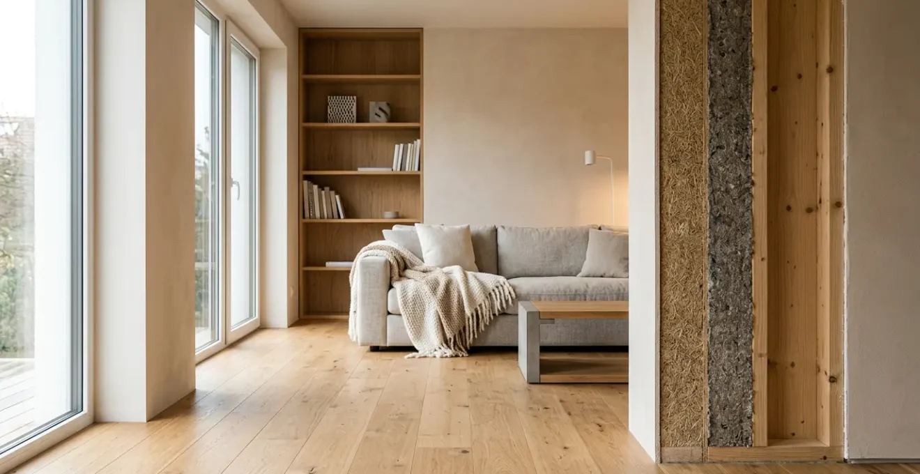 Vue intérieure chaleureuse d'une maison bien isolée avec des détails architecturaux évoquant le confort thermique