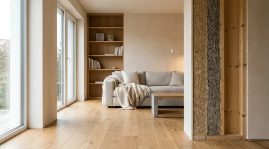 Vue intérieure chaleureuse d'une maison bien isolée avec des détails architecturaux évoquant le confort thermique
