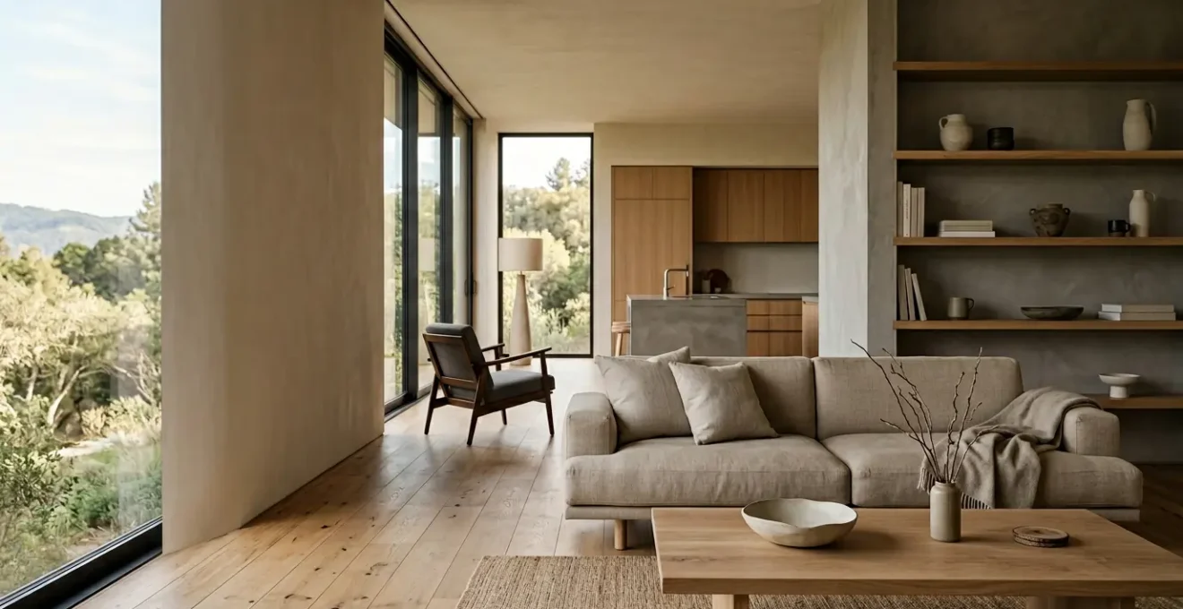 Intérieur d'une maison moderne contemporaine avec équilibre entre design épuré et atmosphère chaleureuse