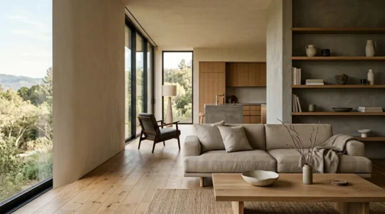 Intérieur d'une maison moderne contemporaine avec équilibre entre design épuré et atmosphère chaleureuse