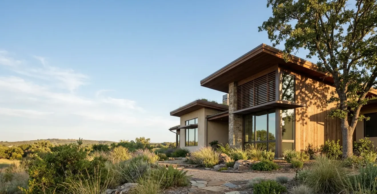 Maison contemporaine adaptée aux canicules avec protections solaires et végétation stratégique