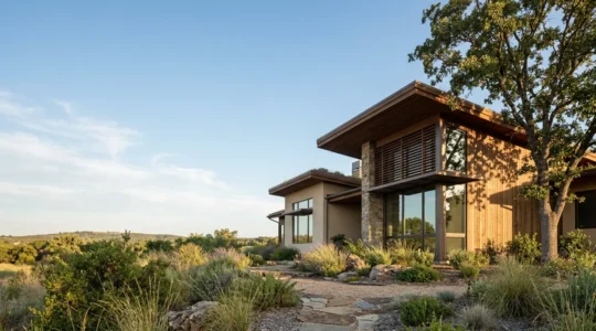 Maison contemporaine adaptée aux canicules avec protections solaires et végétation stratégique