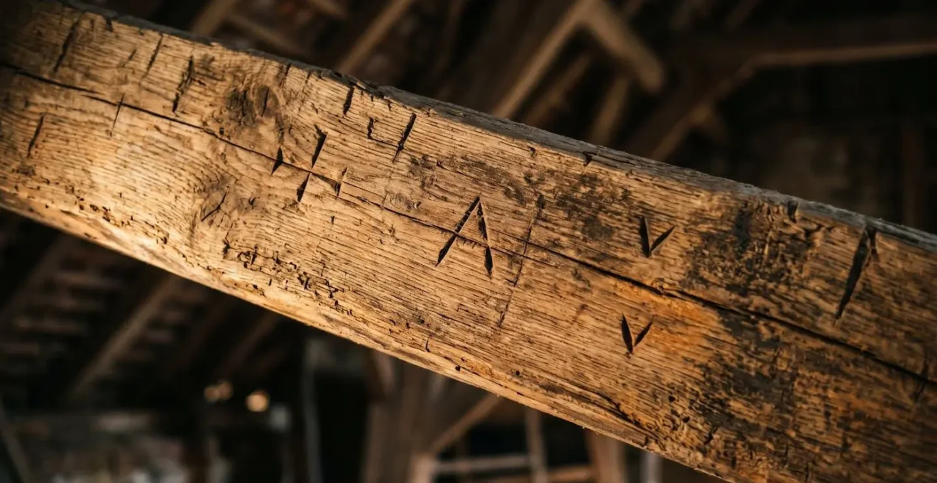 Gros plan sur les marques de tâcheron gravées dans une poutre de charpente ancienne révélant son histoire