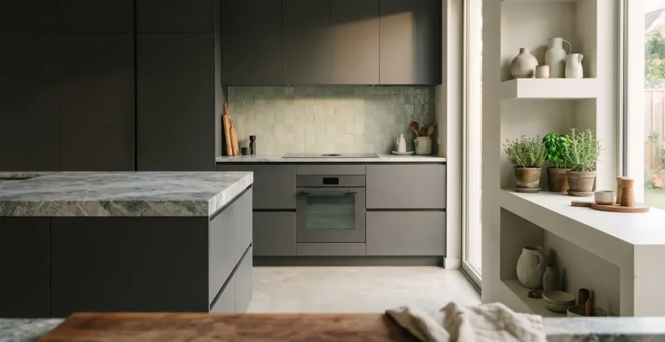 Vue environnementale large d'une cuisine contemporaine mêlant surfaces minérales et matériaux organiques