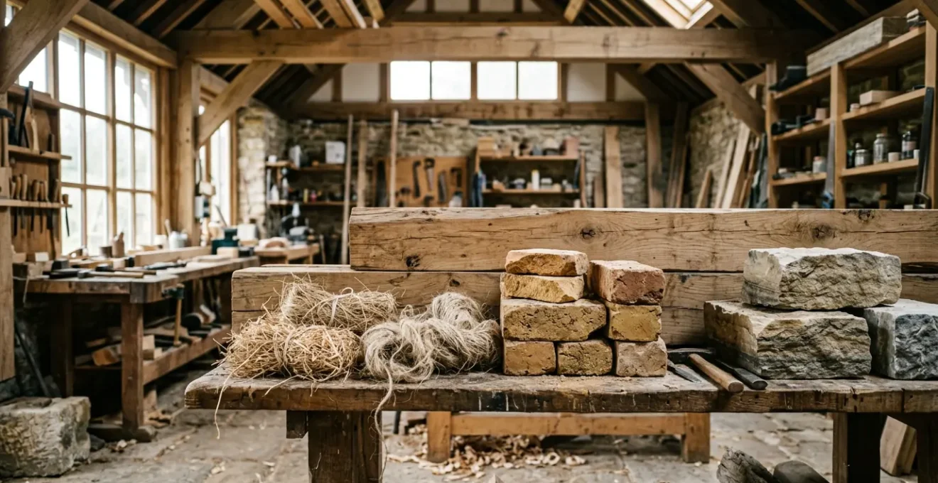 Matériaux de construction naturels et locaux disposés dans un atelier artisanal