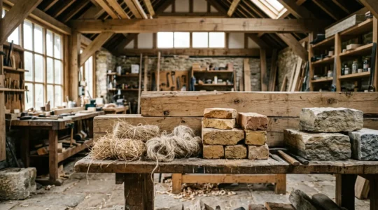 Matériaux de construction naturels et locaux disposés dans un atelier artisanal