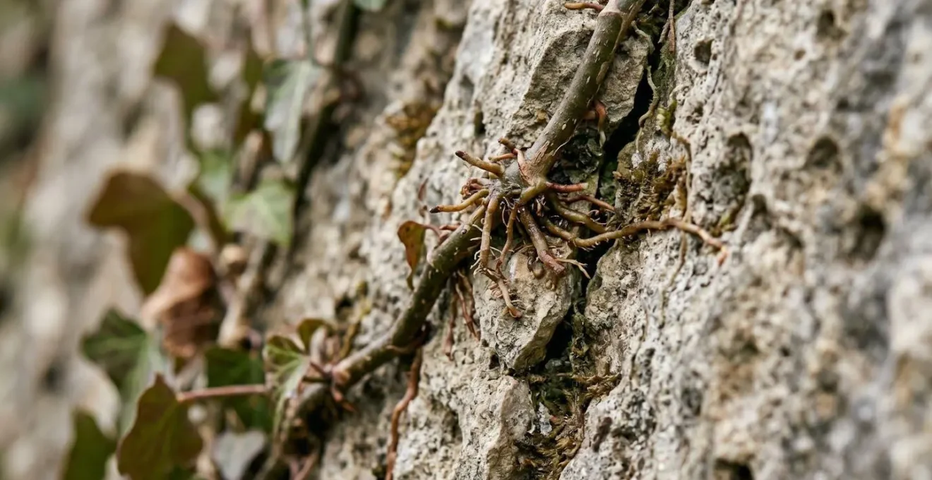 Gros plan macro sur les crampons d'un lierre s'accrochant à une surface texturée de pierre naturelle