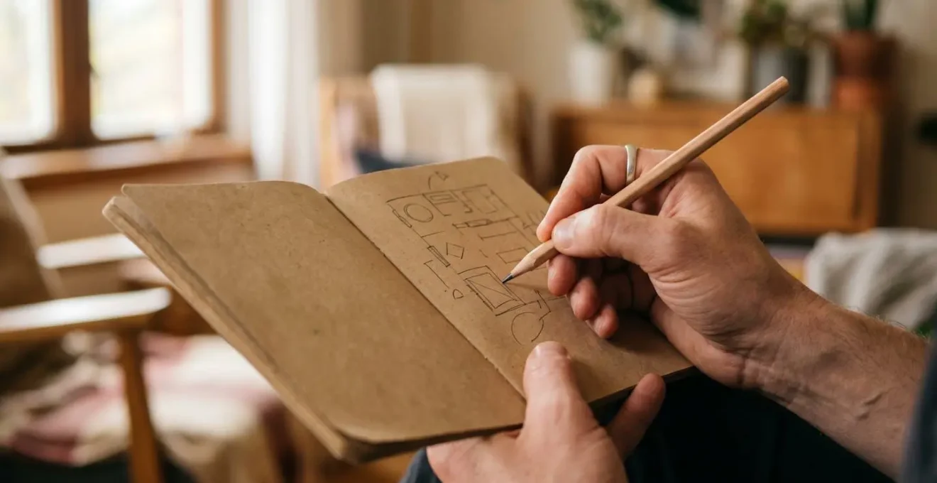 Vue en plongée d'un carnet de notes avec croquis d'espaces et annotations de circulation
