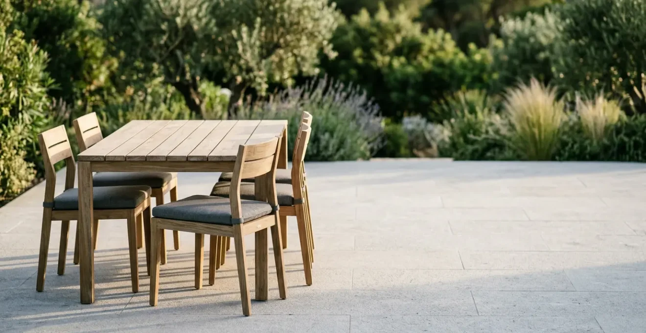 Mobilier de jardin durable en aluminium et teck sur une terrasse moderne avec végétation en arrière-plan