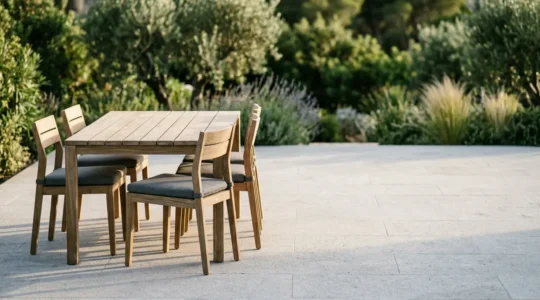 Mobilier de jardin durable en aluminium et teck sur une terrasse moderne avec végétation en arrière-plan