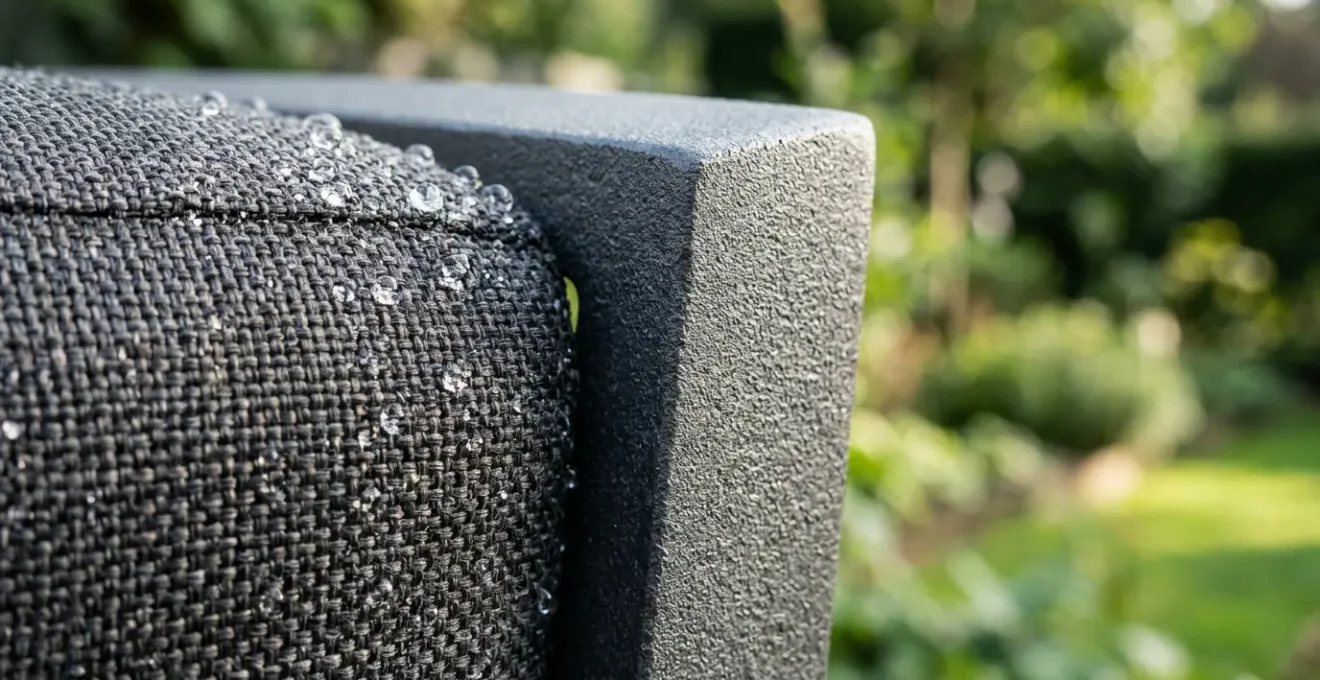 Gros plan sur des détails de mobilier de jardin haut de gamme résistant aux intempéries, montrant la texture et la qualité des matériaux sous lumière naturelle