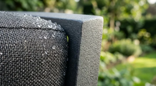 Gros plan sur des détails de mobilier de jardin haut de gamme résistant aux intempéries, montrant la texture et la qualité des matériaux sous lumière naturelle