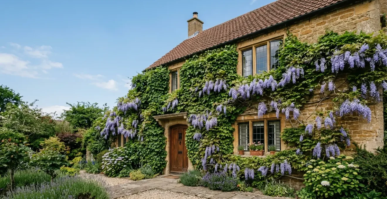 Façade de maison habillée de plantes grimpantes vertes créant une isolation naturelle en été