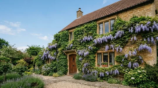 Façade de maison habillée de plantes grimpantes vertes créant une isolation naturelle en été