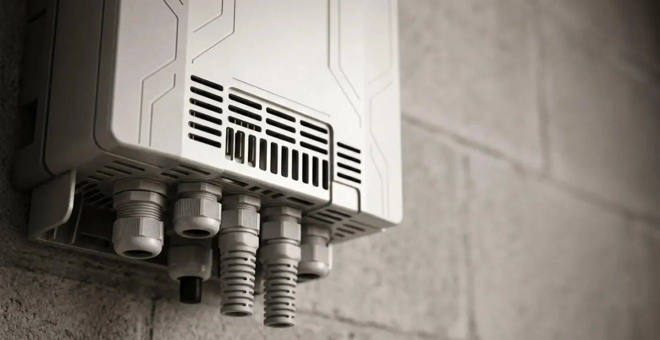 Gros plan sur un onduleur photovoltaïque moderne avec connexions modulaires, installé sur un mur intérieur de garage résidentiel français