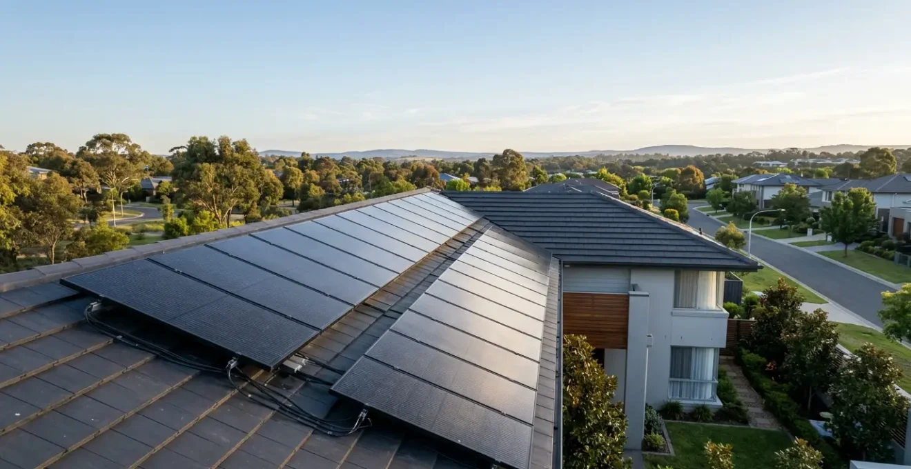 Vue panoramique d'une toiture résidentielle équipée de panneaux solaires photovoltaïques orientés plein sud avec inclinaison optimale