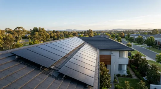 Vue panoramique d'une toiture résidentielle équipée de panneaux solaires photovoltaïques orientés plein sud avec inclinaison optimale