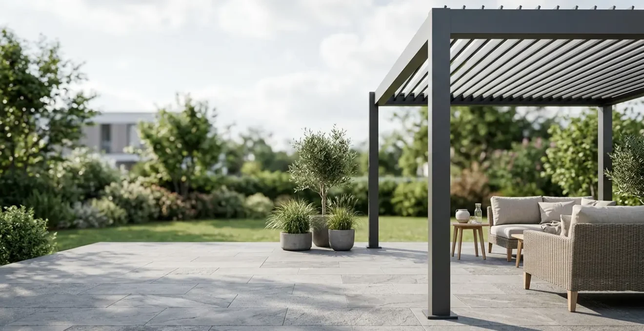 Pergola bioclimatique avec lames orientables sur terrasse moderne