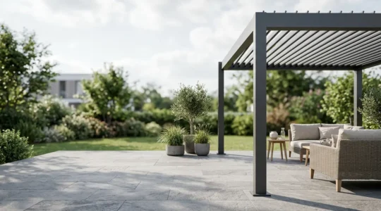 Pergola bioclimatique avec lames orientables sur terrasse moderne