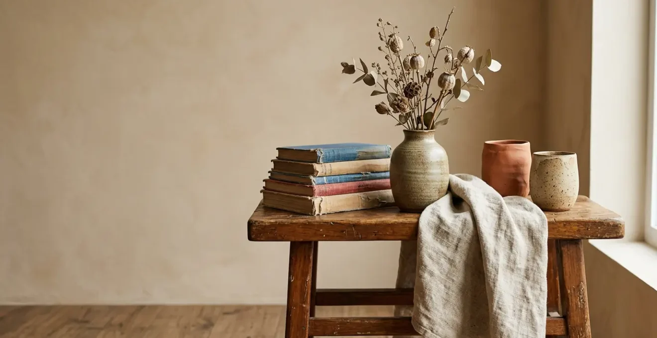 Intérieur chaleureux et personnel mêlant objets artisanaux, textures naturelles et souvenirs de voyage dans une composition harmonieuse